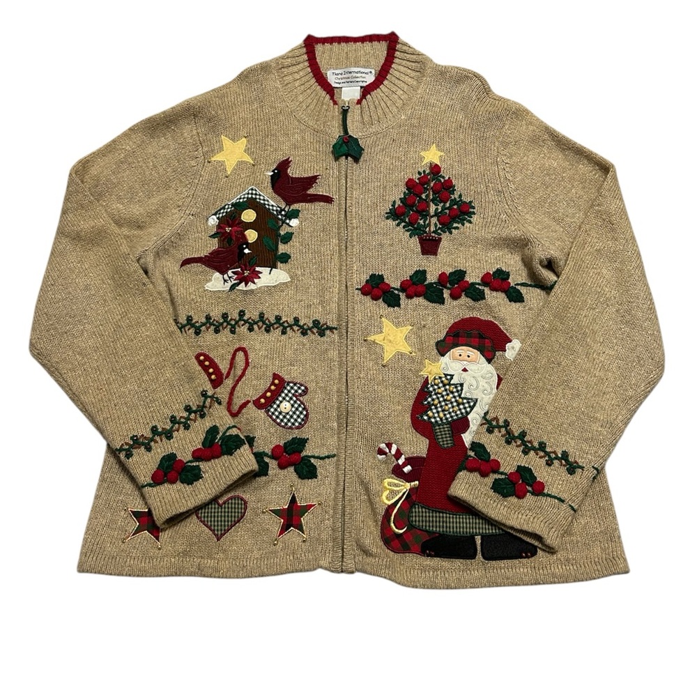 Vintage 90s Women’s Large Christmas Embroidered Knit Cardigan Sweater